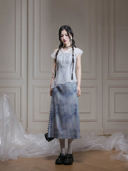 COTRE gauze moon white, star cloud mist blue transparent gauze top + dress two-piece set