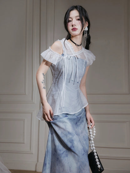 COTRE gauze moon white, star cloud mist blue transparent gauze top + dress two-piece set