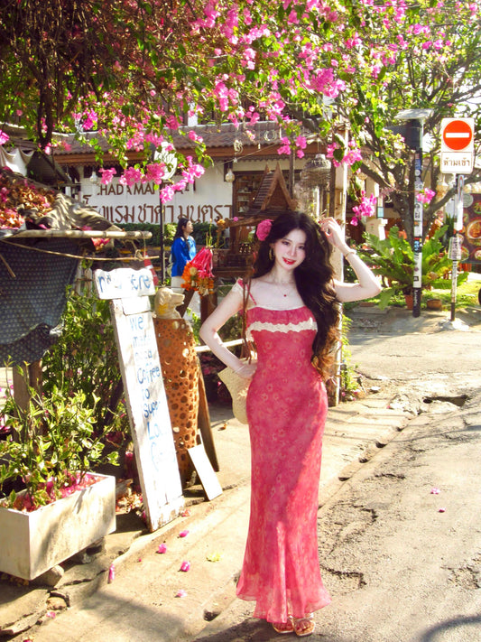 Women's French-style floral maxi dress featuring lace splicing and spaghetti straps—perfect for a chic, sophisticated vacation look.