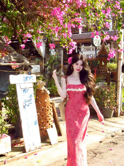 Women's French-style floral maxi dress featuring lace splicing and spaghetti straps—perfect for a chic, sophisticated vacation look.