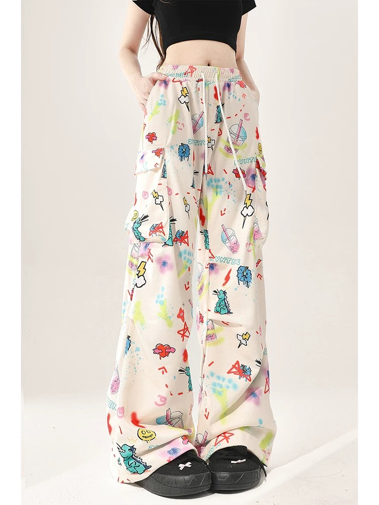 Summer white cartoon print casual pants for women spring and autumn 2024 new American loose wide-leg straight work pants