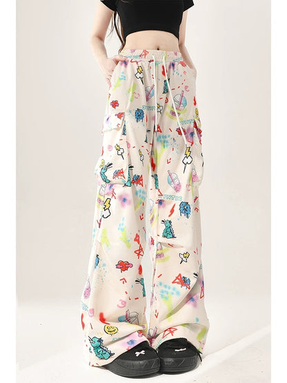 Summer white cartoon print casual pants for women spring and autumn 2024 new American loose wide-leg straight work pants