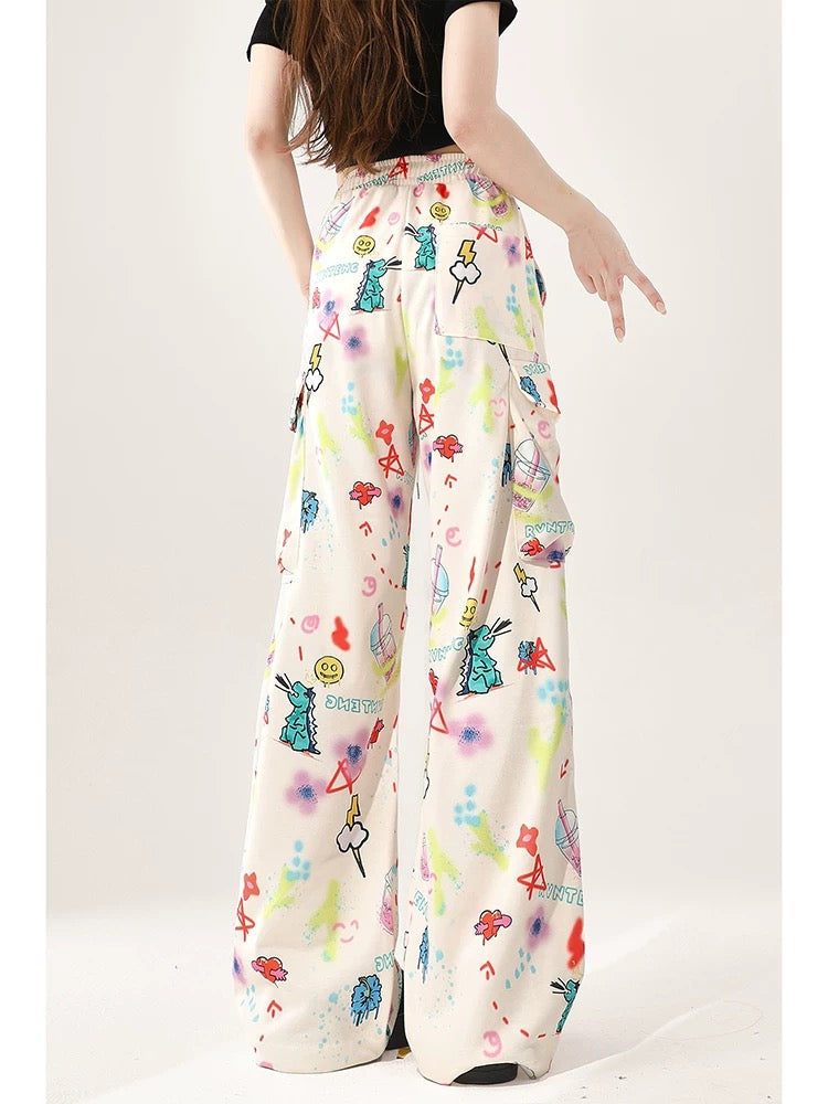Summer white cartoon print casual pants for women spring and autumn 2024 new American loose wide-leg straight work pants