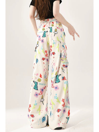 Summer white cartoon print casual pants for women spring and autumn 2024 new American loose wide-leg straight work pants