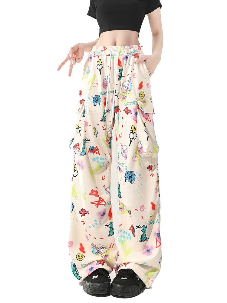 Summer white cartoon print casual pants for women spring and autumn 2024 new American loose wide-leg straight work pants