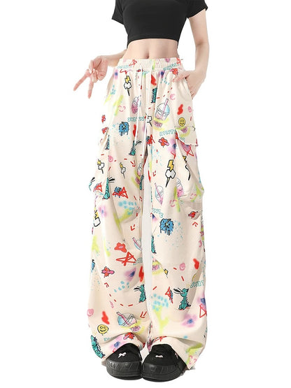 Summer white cartoon print casual pants for women spring and autumn 2024 new American loose wide-leg straight work pants