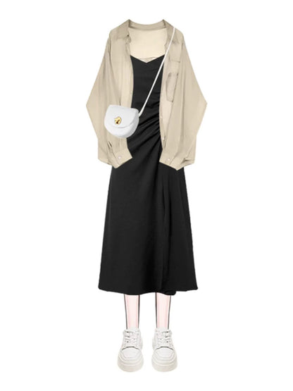 Solid color tops sweet and spicy suits new fashion women's wear shirt slim suspender skirt dress two-piece suit