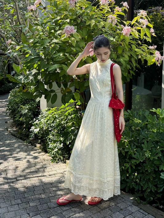 Three Tailors, Scroll of Poetry, Retro Elegant Embroidered Sleeveless Early Spring Dress, Slimming A-line Long Skirt for Women
