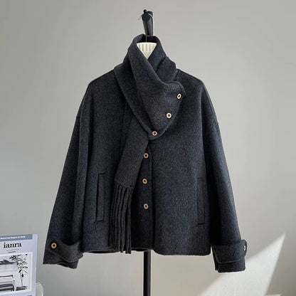 Bluebird detachable two-wear double-sided woolen coat women's woolen coat 2024 scarf small temperament K324