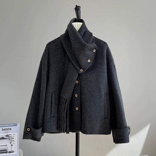 Bluebird detachable two-wear double-sided woolen coat women's woolen coat 2024 scarf small temperament K324