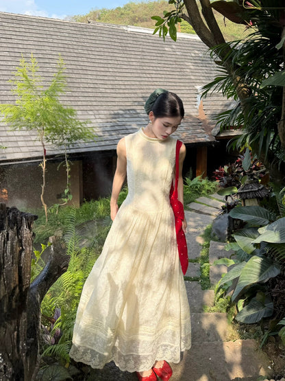 Three Tailors, Scroll of Poetry, Retro Elegant Embroidered Sleeveless Early Spring Dress, Slimming A-line Long Skirt for Women