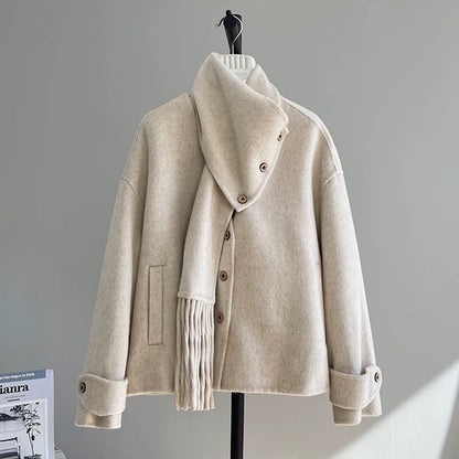 Bluebird detachable two-wear double-sided woolen coat women's woolen coat 2024 scarf small temperament K324