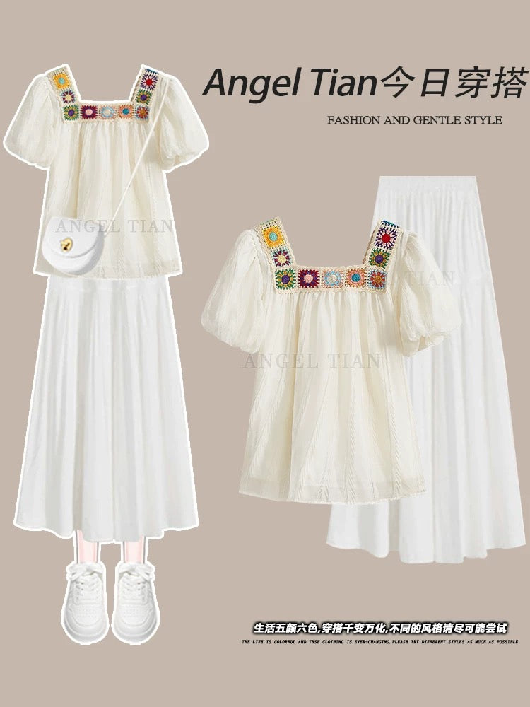 Plus size women's summer fashion suit long skirt fat mm slimming age-reducing top versatile white skirt two-piece suit