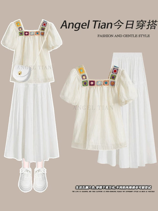 Plus size women's summer fashion suit long skirt fat mm slimming age-reducing top versatile white skirt two-piece suit