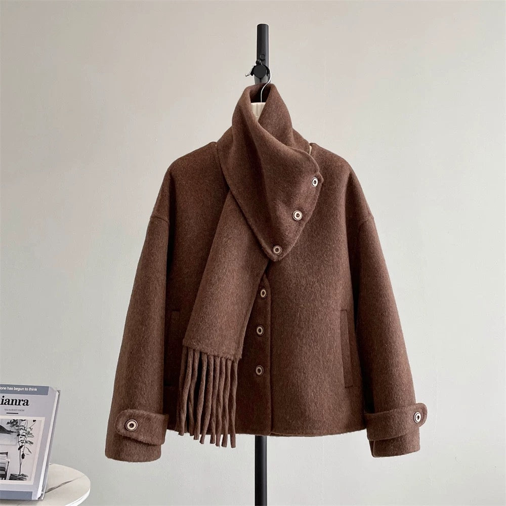 Bluebird detachable two-wear double-sided woolen coat women's woolen coat 2024 scarf small temperament K324