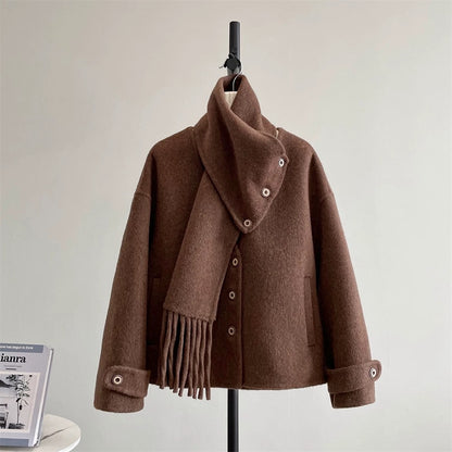 Bluebird detachable two-wear double-sided woolen coat women's woolen coat 2024 scarf small temperament K324