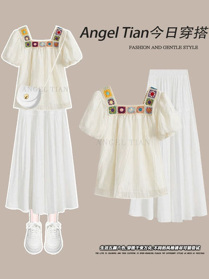 Plus size women's summer fashion suit long skirt fat mm slimming age-reducing top versatile white skirt two-piece suit