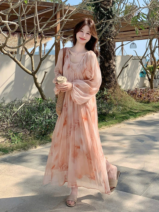 Pink tie-dye long-sleeved dress for women, perfect for a beach vacation, new style, 2026 spring collection, Sanya beach chiffon dress.
