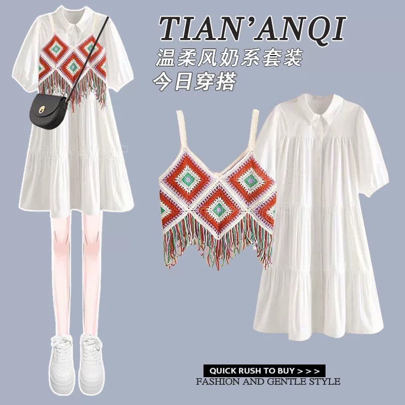 Summer dress for age reduction, skirt suit, street style, petite, cute outfit, lively and playful suspender French dress, two-piece suit