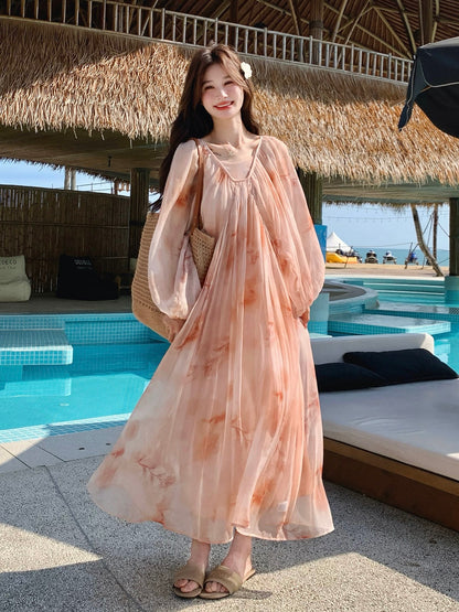 Pink tie-dye long-sleeved dress for women, perfect for a beach vacation, new style, 2026 spring collection, Sanya beach chiffon dress.