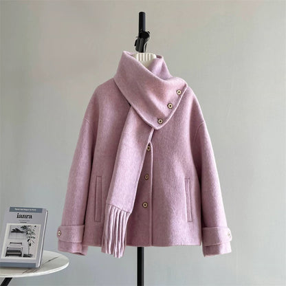 Bluebird detachable two-wear double-sided woolen coat women's woolen coat 2024 scarf small temperament K324