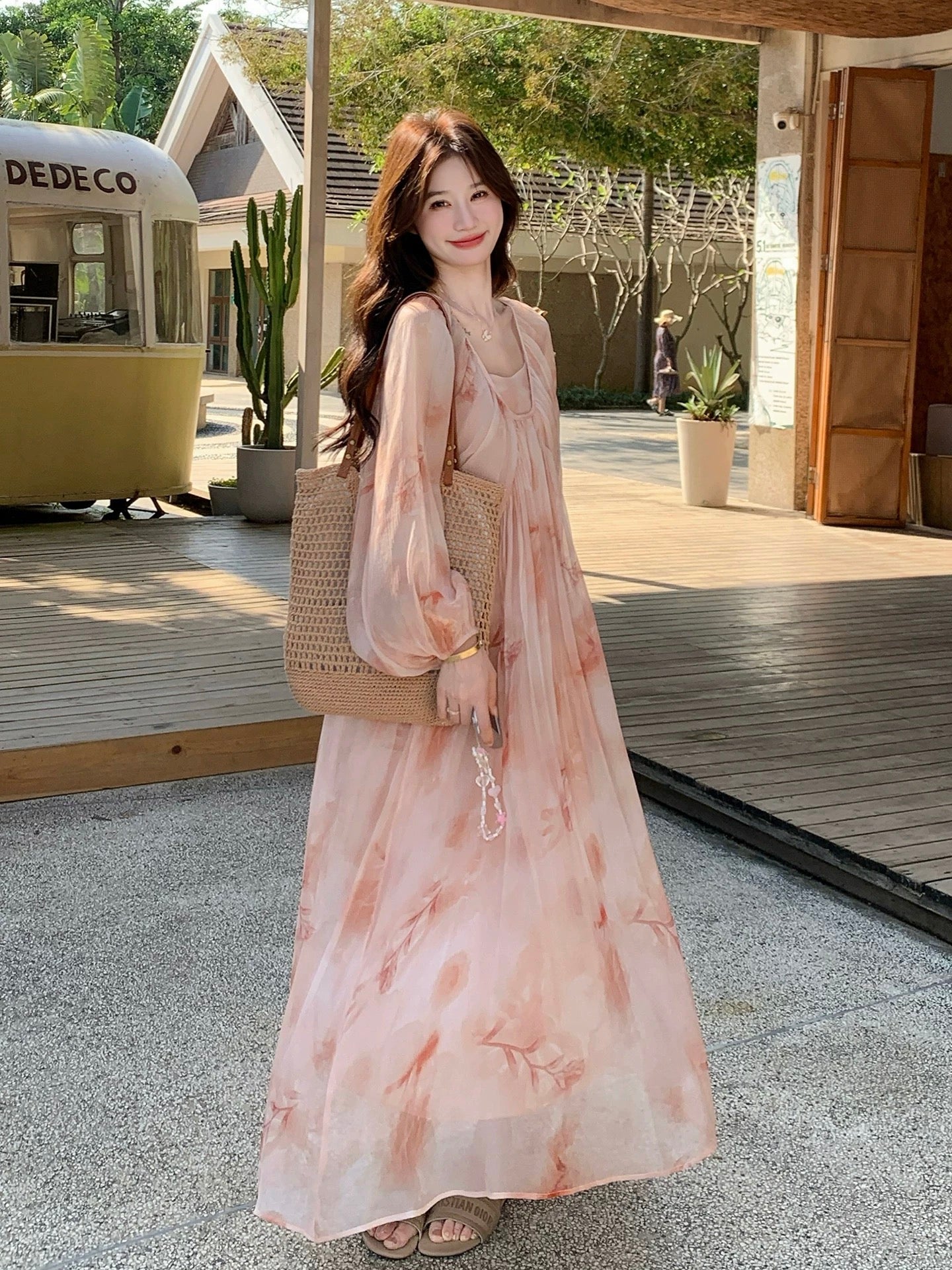 Pink tie-dye long-sleeved dress for women, perfect for a beach vacation, new style, 2026 spring collection, Sanya beach chiffon dress.
