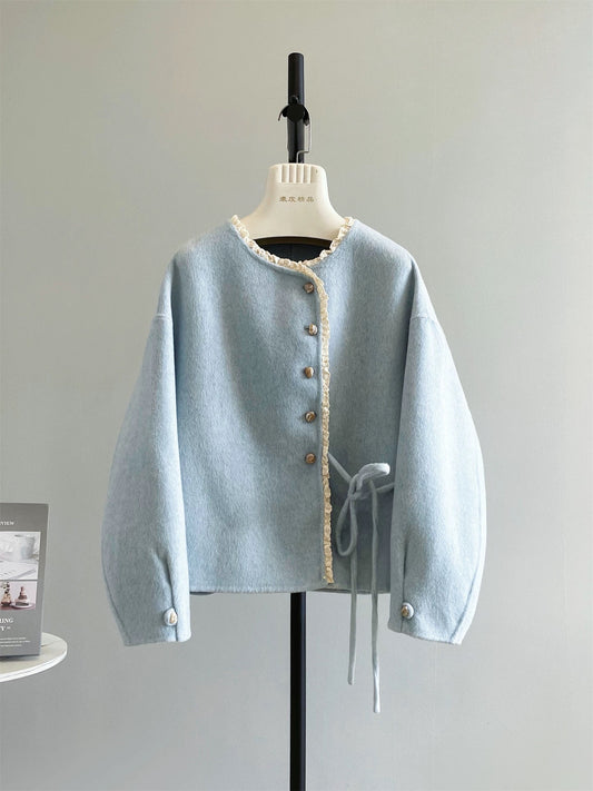 Dream Island Gentle Short Coat Wool Plush Double-sided Lace-up Stitching Sweet Woolen Coat Female P231