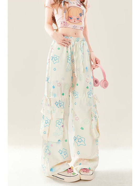 Dopamine star printed American overalls for women 2024 new summer quick-drying casual loose wide-leg pants