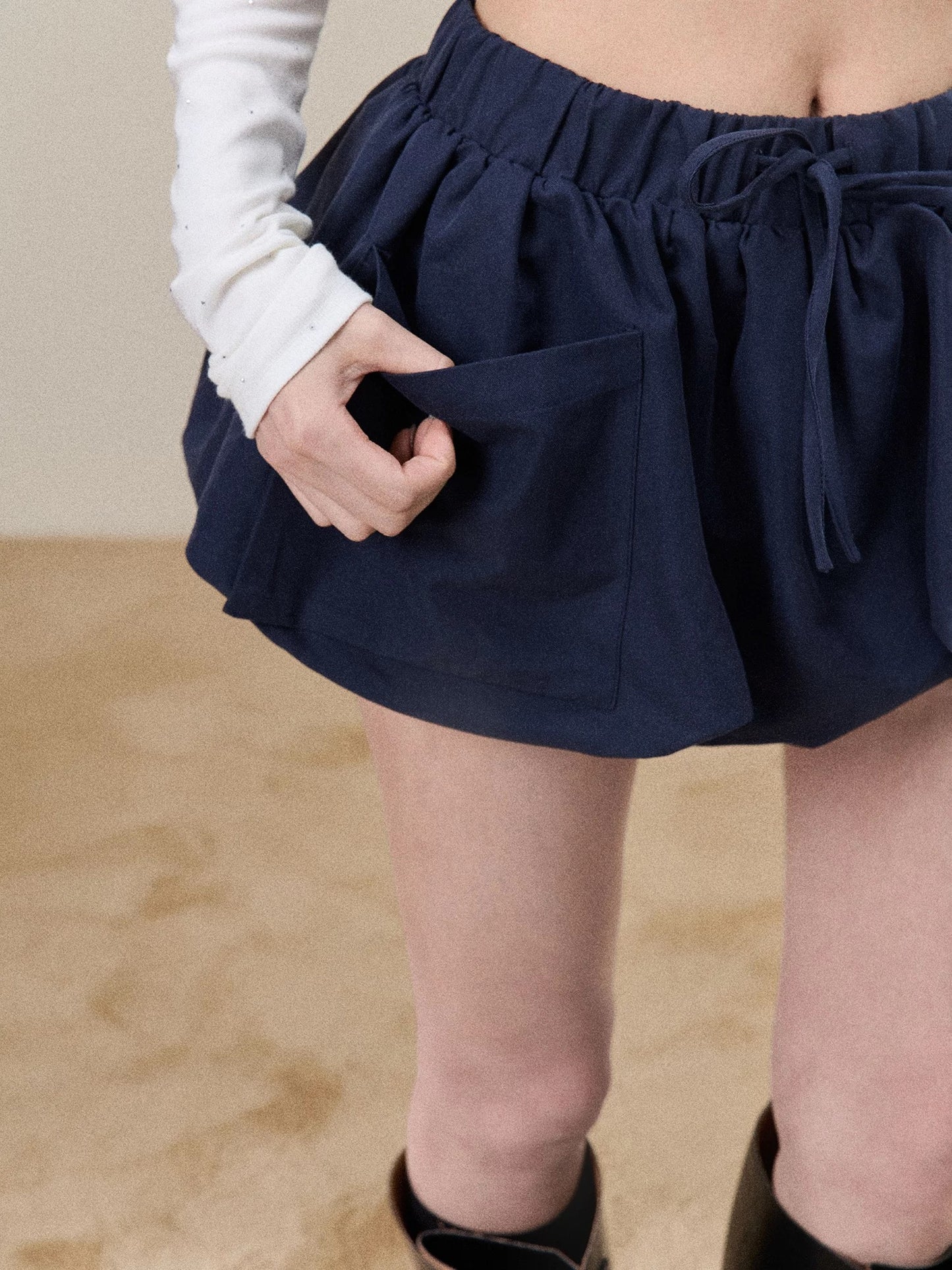 Sweety Navy Blue Cake Skirt with Elastic Waist, A-line Design, Pockets