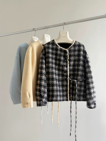 Dream Island Gentle Short Coat Wool Plush Double-sided Lace-up Stitching Sweet Woolen Coat Female P231