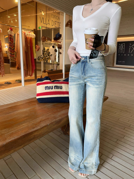 JAMAIS VU "Milk Tea Denim" – Spring-hued, custom-dyed casual trousers featuring a distressed, faded finish and a straight-leg, slight-flare cut.