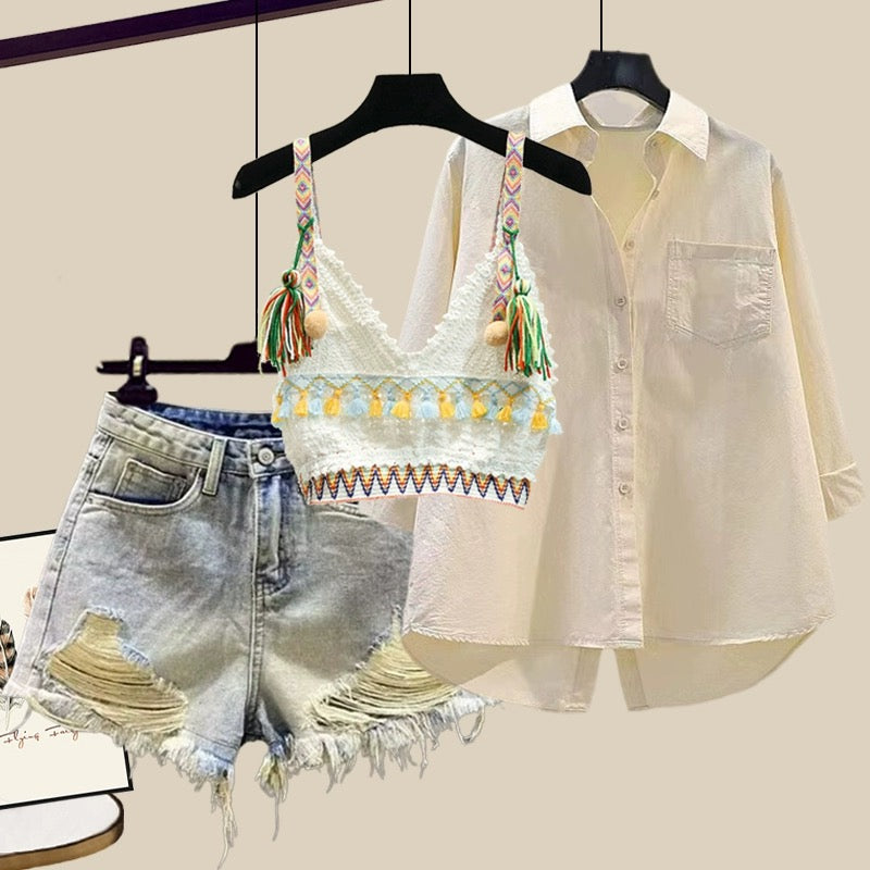 This year's popular women's suit hot girl suspender sunscreen shirt ripped casual denim shorts three-piece summer suit