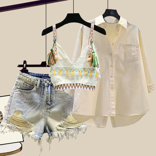 This year's popular women's suit hot girl suspender sunscreen shirt ripped casual denim shorts three-piece summer suit