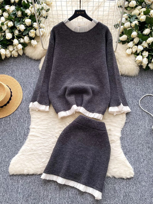 Gentle and elegant style for women's autumn and winter: long-sleeved loose knit top with ruffled trim and high-waisted bodycon skirt.