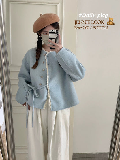 Dream Island Gentle Short Coat Wool Plush Double-sided Lace-up Stitching Sweet Woolen Coat Female P231