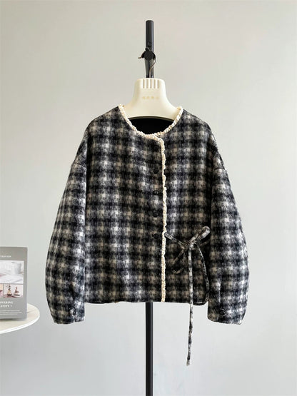 Dream Island Gentle Short Coat Wool Plush Double-sided Lace-up Stitching Sweet Woolen Coat Female P231