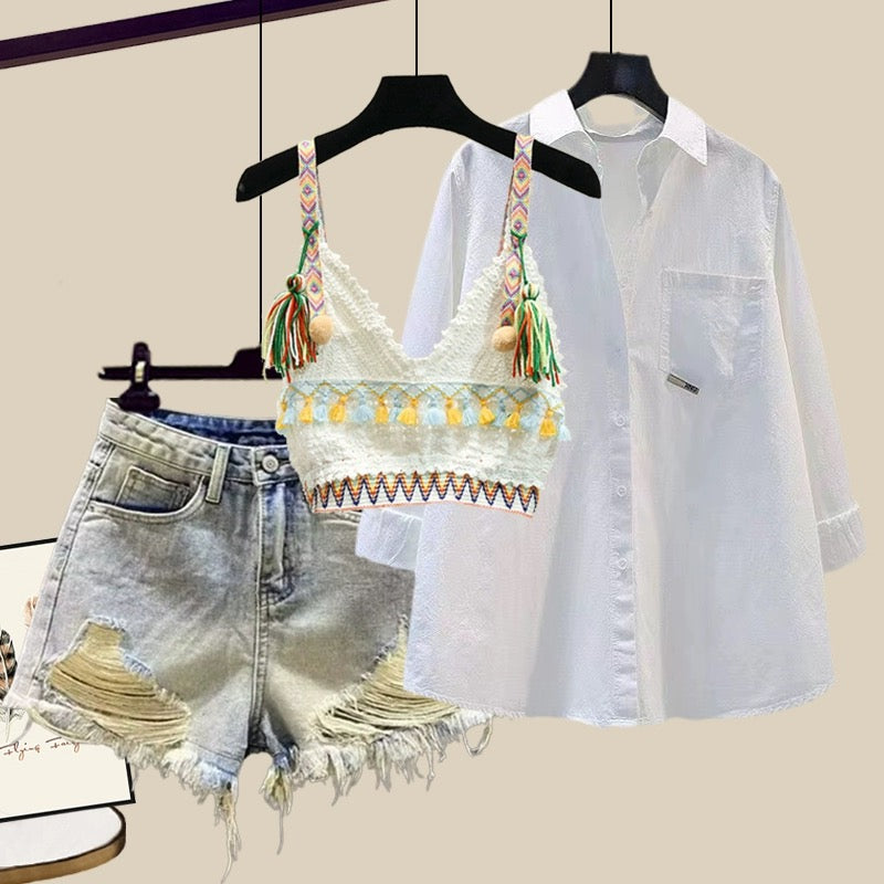 This year's popular women's suit hot girl suspender sunscreen shirt ripped casual denim shorts three-piece summer suit
