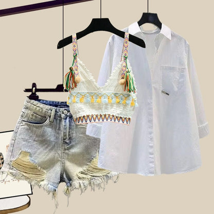 This year's popular women's suit hot girl suspender sunscreen shirt ripped casual denim shorts three-piece summer suit