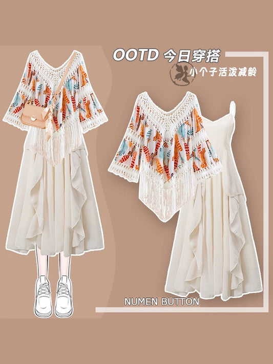 Summer ethnic style suit skirt women's large size fat mm milk cute age-reducing blouse suspender dress slim two-piece suit autumn