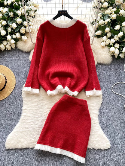 Gentle and elegant style for women's autumn and winter: long-sleeved loose knit top with ruffled trim and high-waisted bodycon skirt.