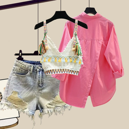 This year's popular women's suit hot girl suspender sunscreen shirt ripped casual denim shorts three-piece summer suit