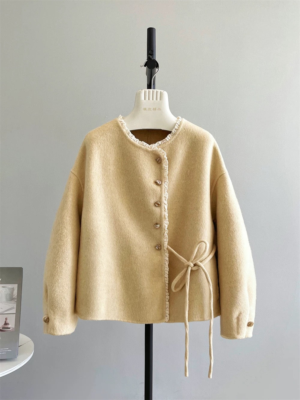 Dream Island Gentle Short Coat Wool Plush Double-sided Lace-up Stitching Sweet Woolen Coat Female P231