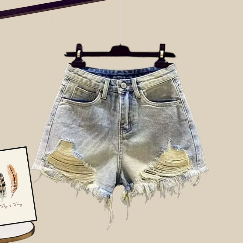 This year's popular women's suit hot girl suspender sunscreen shirt ripped casual denim shorts three-piece summer suit