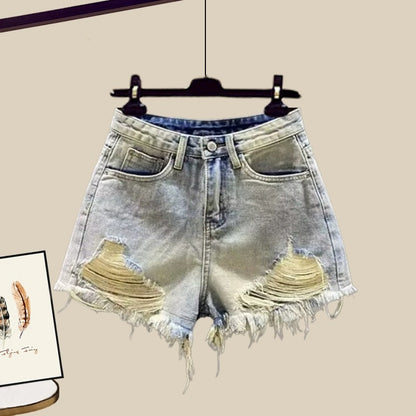 This year's popular women's suit hot girl suspender sunscreen shirt ripped casual denim shorts three-piece summer suit