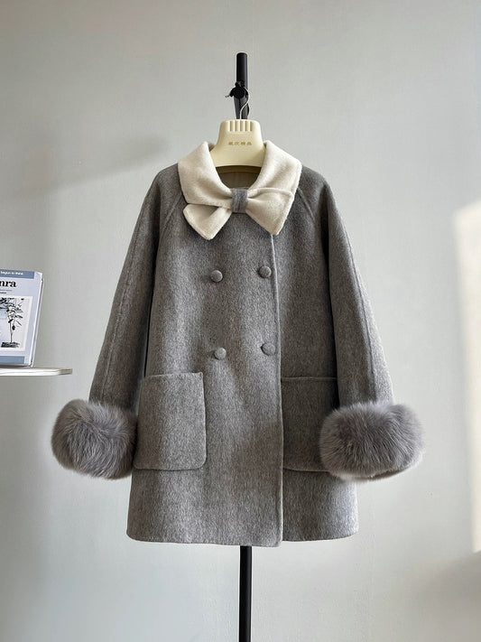 Cinderella double-faced wool coat female fox fur coat small size autumn and winter contrast wool velvet autumn new style K560