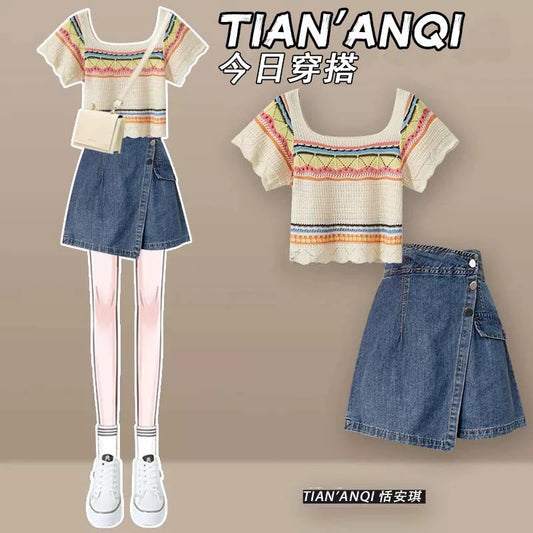 Summer outfit with a complete set of fashionable petite stylish age-reducing outfit short-sleeved T-shirt female jeans skirt two-piece suit