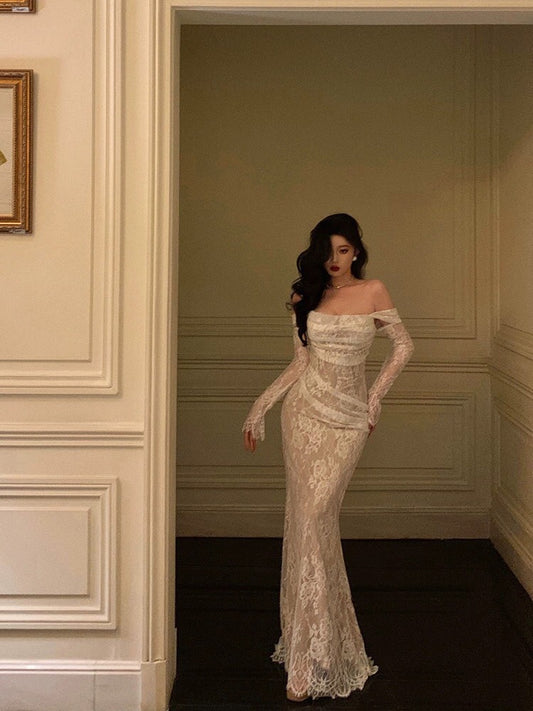 Godfrey lace fishtail long-sleeved dress for women 2024 spring new style pure lust temperament slim hip-covering long skirt