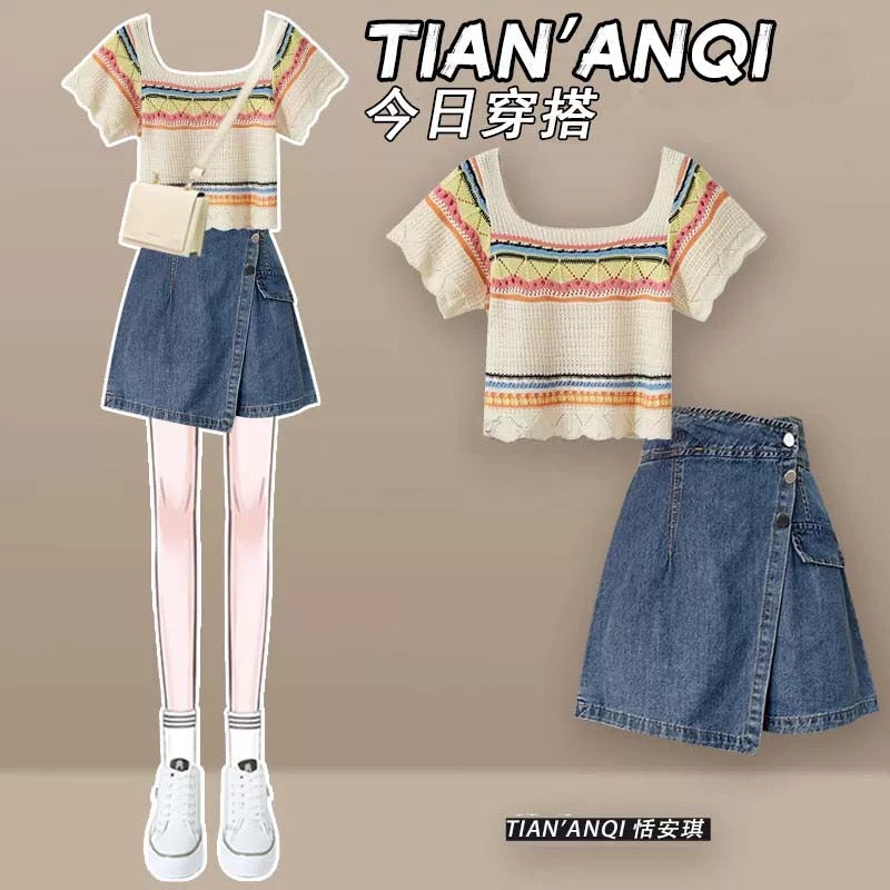 Summer outfit with a complete set of fashionable petite stylish age-reducing outfit short-sleeved T-shirt female jeans skirt two-piece suit