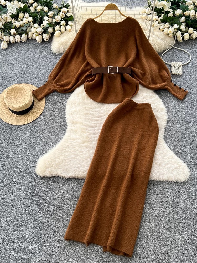 A sophisticated two-piece women's fashion set featuring a tie-waist, batwing sleeve knit top and a high-waisted pencil skirt.