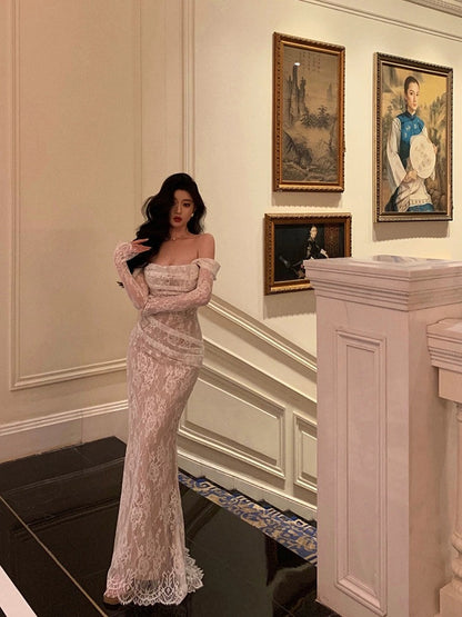 Godfrey lace fishtail long-sleeved dress for women 2024 spring new style pure lust temperament slim hip-covering long skirt